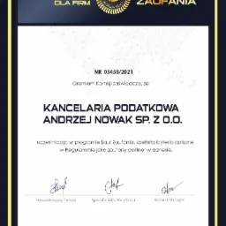 Certyfikat Laur Zaufania dla Kancelarii Podatkowej Andrzej Nowak Sp. z o.o. z podpisami Przewodniczącego Komisji, Specjalisty d/s Weryfikacji i Account Managera.