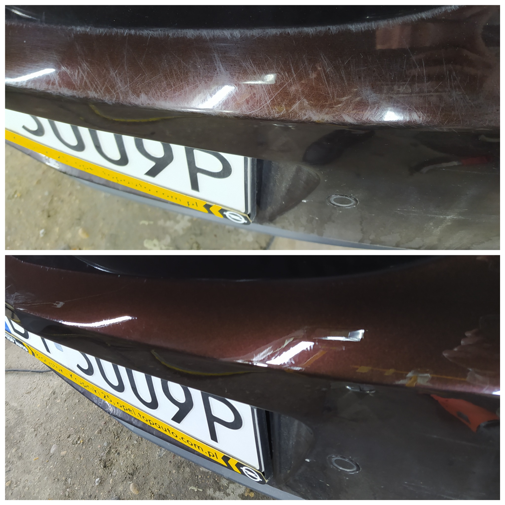Zestawienie przed i po polerowania zarysowań na lakierze brązowego zderzaka samochodowego, widoczny fragment tablicy rejestracyjnej.