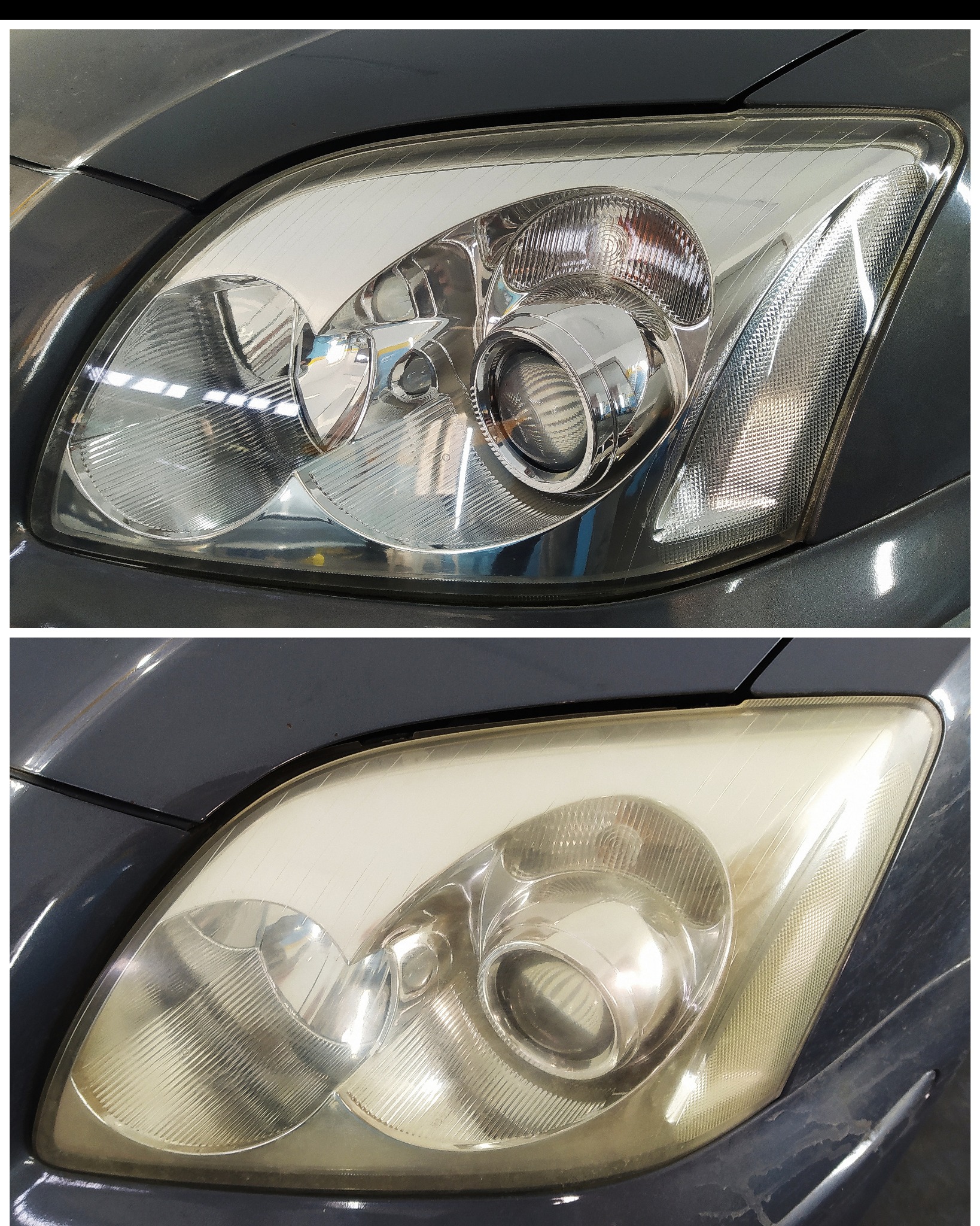 Reflektor samochodowy przed i po renowacji, widoczna różnica w przejrzystości klosza.