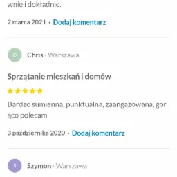 Zrzut ekranu z aplikacji Fixly Pro, przedstawiający pozytywne recenzje użytkownik&oacute;w Kamili, Chrisa i Szymona dla usługi 'Sprzątanie mieszkań i dom&oacute;w', z ocenami pięciogwiazdkowymi i datami wpis&oacute;w.