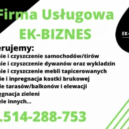 Grafika reklamowa firmy EK-BIZNES oferującej usługi prania dywanów, mebli tapicerowanych, mycia kostki brukowej, elewacji, tarasów i pielęgnacji zieleni. Logo firmy w kształcie kropli na czarnym...