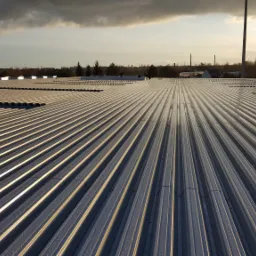 Szeroki kadr na srebrny, blaszany dach przemysłowy z widocznymi świetlikami dachowymi w tle, oświetlony popołudniowym słońcem.