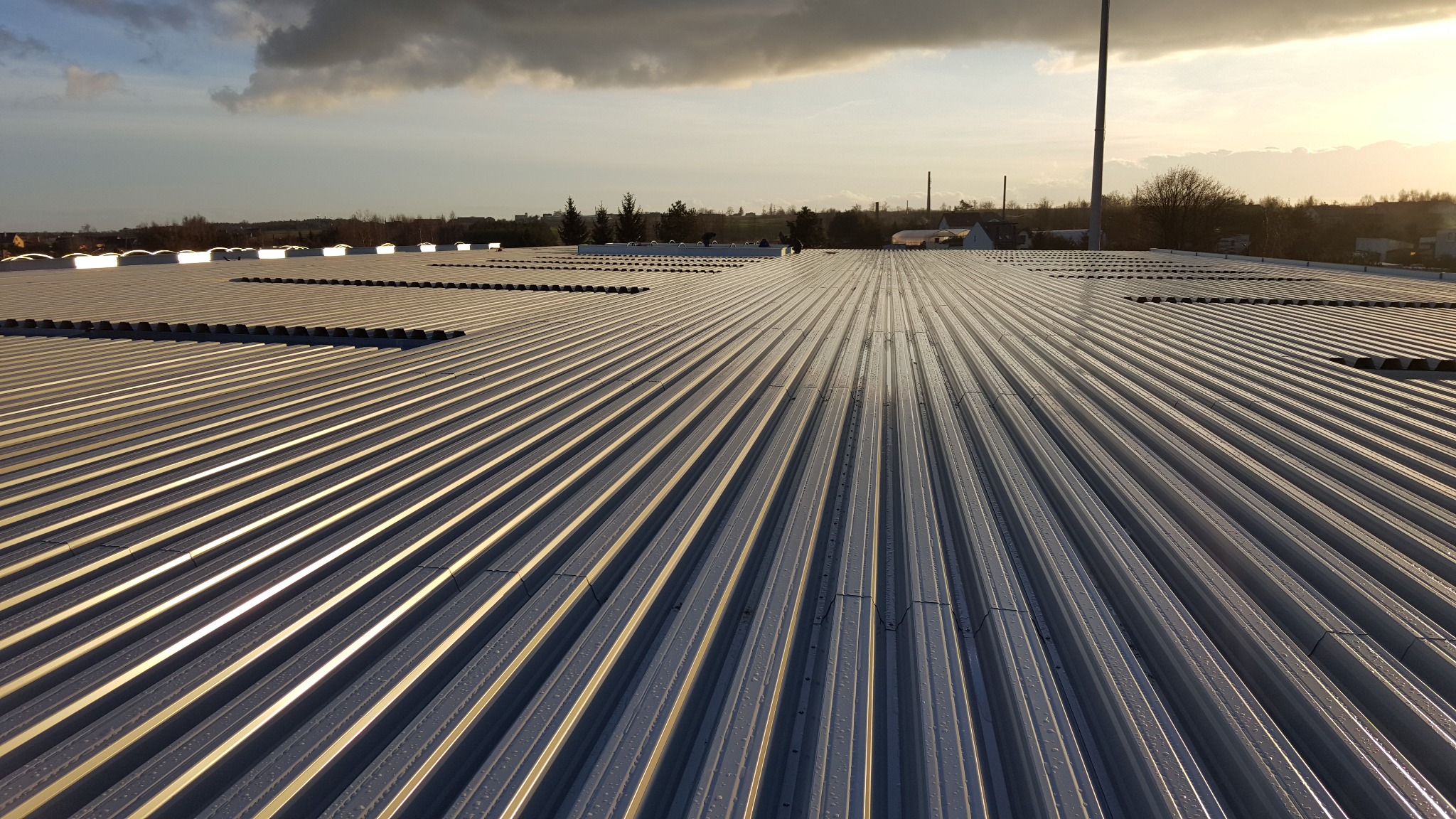 Szeroki kadr na srebrny, blaszany dach przemysłowy z widocznymi świetlikami dachowymi w tle, oświetlony popołudniowym słońcem.