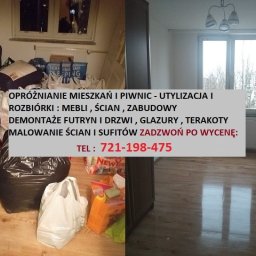 Usługi Budowlane Daniel Kozicki - Opróżnione mieszkanie: widok przed i po. Lewa strona zagracona workami i przedmiotami, prawa strona pusta z odświeżonymi ścianami i podłogą.