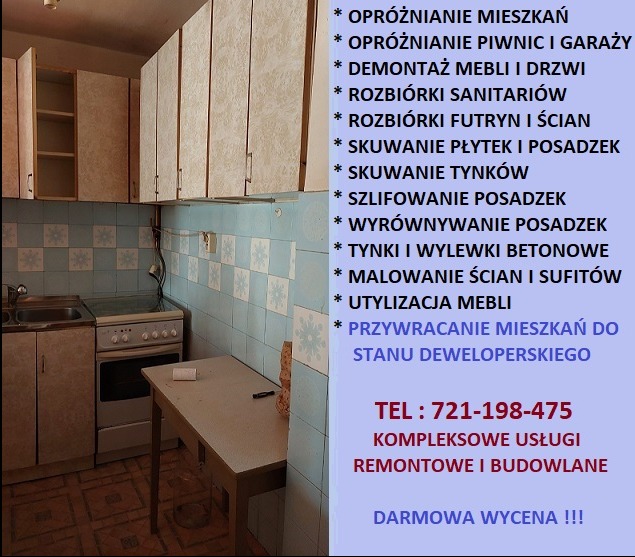 Kadr z kuchni w trakcie opróżniania. Widoczne szafki, kuchenka, stół i lista usług: demontaż, rozbiórki, skuwanie, szlifowanie, utylizacja. Oferta kompleksowych usług.