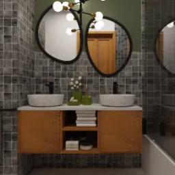 Nowoczesna łazienka z dwoma umywalkami nablatowymi, armaturą w kolorze czarnym, lustrami o nieregularnym kształcie i drewnianą szafką z otwartymi półkami, na których leżą białe ręczniki i ozdobne...