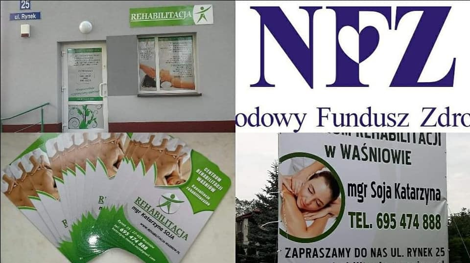 Kompozycja zdjęć prezentująca budynek gabinetu rehabilitacji, logo NFZ, ulotki reklamowe i baner z ofertą usług rehabilitacyjnych oraz masażu.