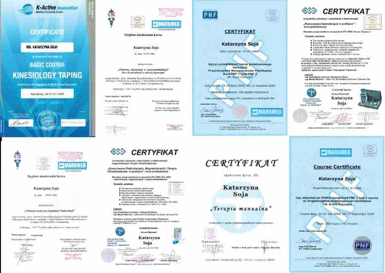 Zestawienie certyfikatów i dyplomów potwierdzających kwalifikacje zawodowe, w tym z zakresu kinesiology taping i terapii manualnej, z wyraźnymi logotypami i nazwiskiem Katarzyny Soja.