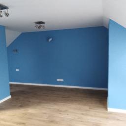 Onsetbud Zhanna Slyvka - Pomalowane na niebiesko wnętrze pokoju z drewnianą podłogą i dwoma lampami sufitowymi w stylu retro.