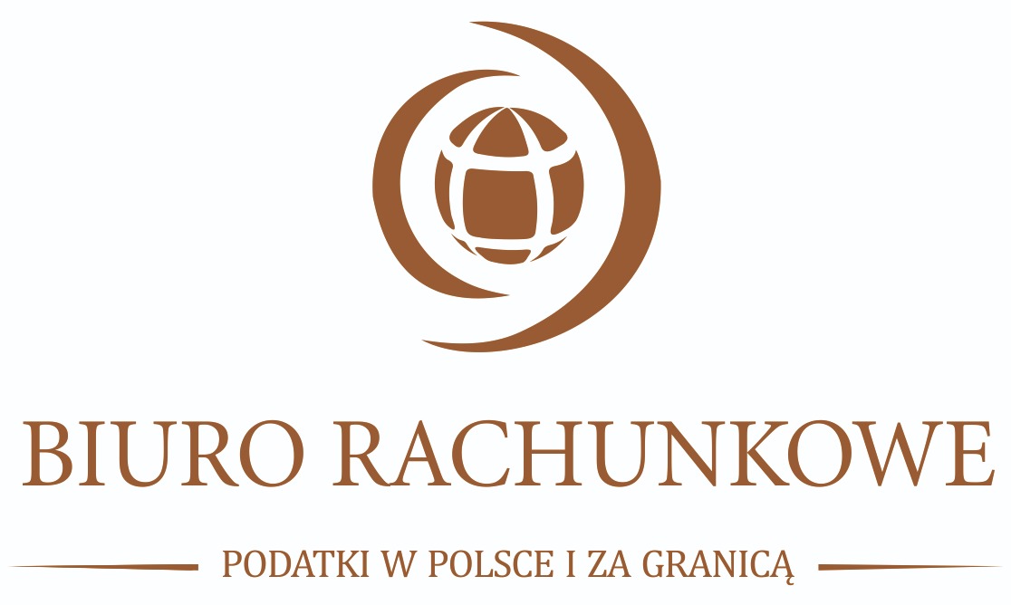 Logo biura rachunkowego z globusem otoczonym stylizowanymi półksiężycami, pod napisem 'BIURO RACHUNKOWE' i hasłem 'PODATKI W POLSCE I ZA GRANICĄ' w brązowej kolorystyce.