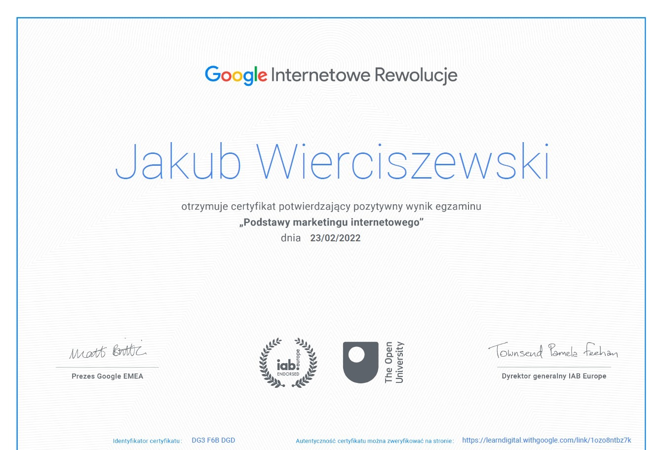 Certyfikat ukończenia kursu: 'Podstawy marketingu internetowego'