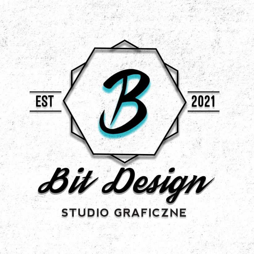 Logo studia graficznego Bit Design z turkusową literą B w geometrycznej obwódce na teksturowanym białym tle, z datami EST i 2021.