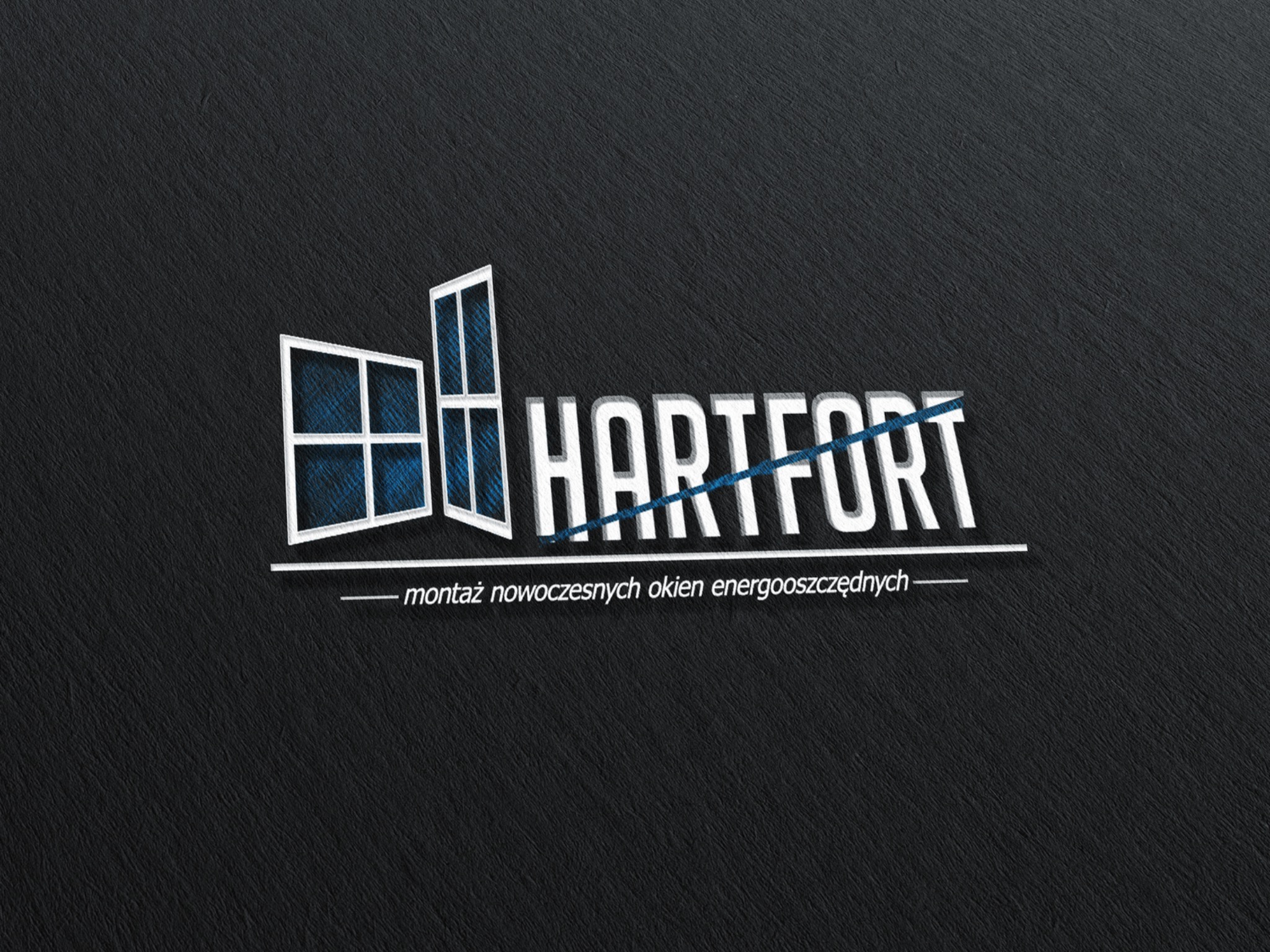 Logo firmy Hartfort specjalizującej się w montażu nowoczesnych okien energooszczędnych, przedstawiające stylizowane okna i nazwę firmy na teksturowanym, ciemnym tle.