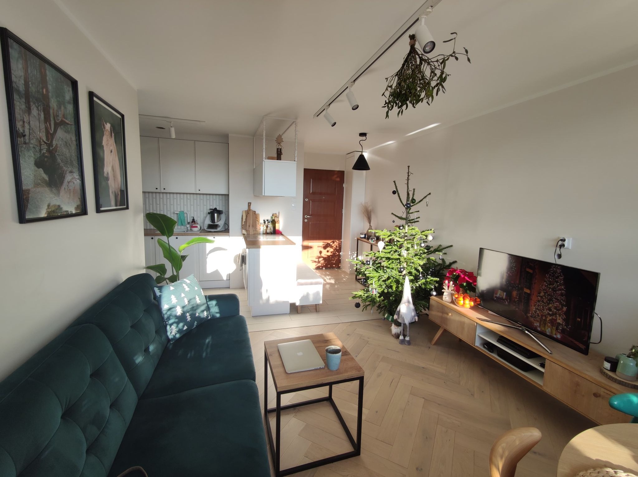 Jasne, przestronne wnętrze po remoncie, z zieloną sofą, drewnianą podłogą w jodełkę i świątecznymi dekoracjami, w tym choinką i jemiołą pod sufitem.