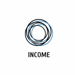 Abstrakcyjne logo firmy z napisem INCOME, składające się z czarnych i niebieskich okręgów, na białym tle.