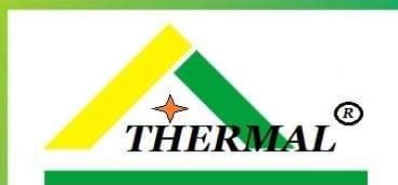 Logo firmy Thermal z żółto-zielonym symbolem dachu i gwiazdą, czarny napis na białym tle z zieloną ramką.