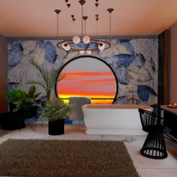 Luksusowa łazienka z okrągłymi lustrami podświetlanymi LED, wolnostojącą wanną i widokiem na zachód słońca przez okrągłe okno, uzupełniona roślinami doniczkowymi i dywanem.