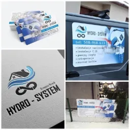 Kompozycja czterech ujęć: stos wizytówek, naklejka reklamowa na samochodzie, logo firmy wytłoczone na papierze oraz baner reklamowy na ogrodzeniu.