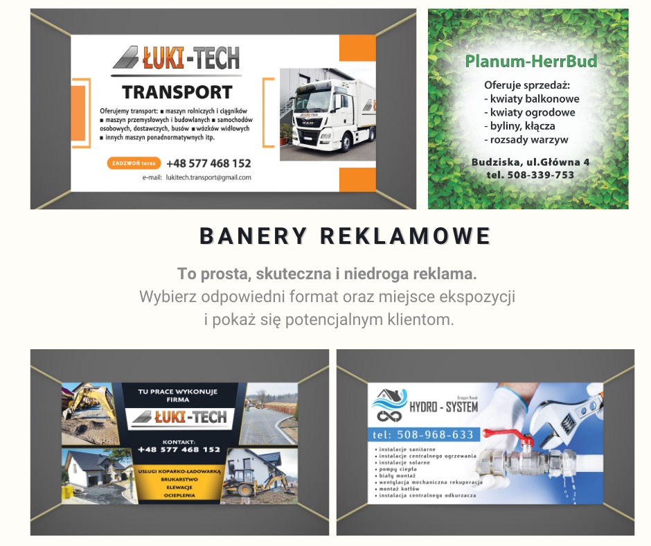 Kompozycja graficzna prezentująca banery reklamowe z ofertami firm transportowych, ogrodniczych i instalacyjnych, z uwzględnieniem danych kontaktowych i zakresu usług.