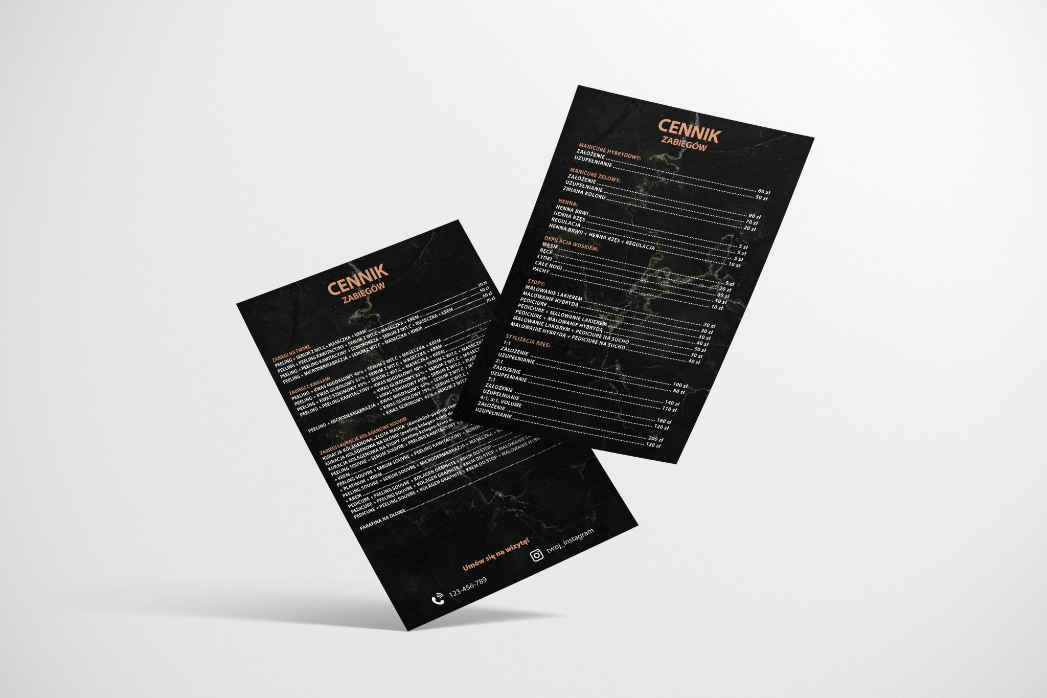 Dwa cenniki zabiegów kosmetycznych na ciemnym tle marmurkowym, jeden leży płasko, drugi unosi się ukośnie, prezentując listę usług i ich ceny.