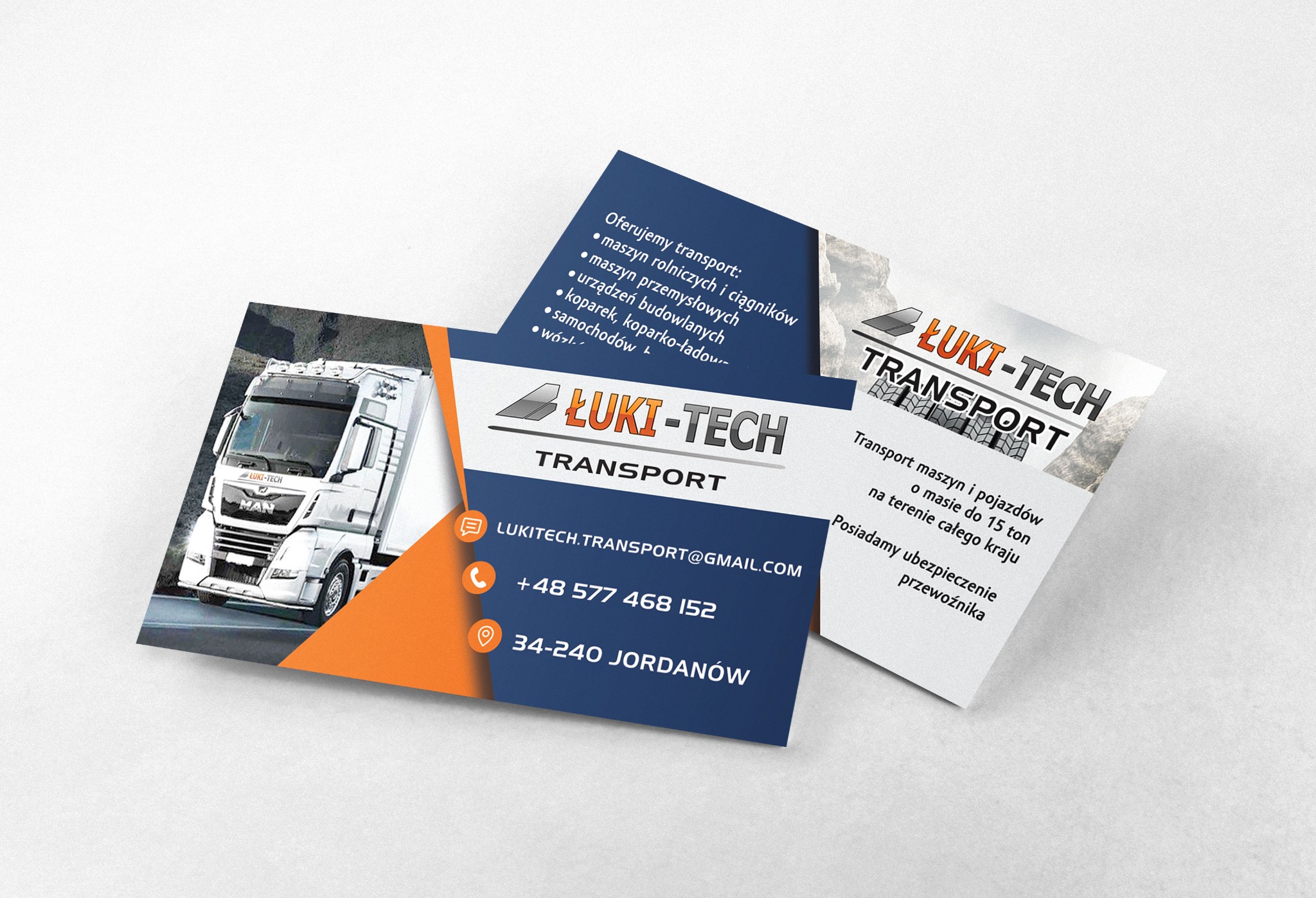 Dwie wizytówki firmy transportowej ŁUKI-TECH z ilustracją białego ciągnika MAN, danymi kontaktowymi i ofertą transportu maszyn rolniczych, przemysłowych i budowlanych.