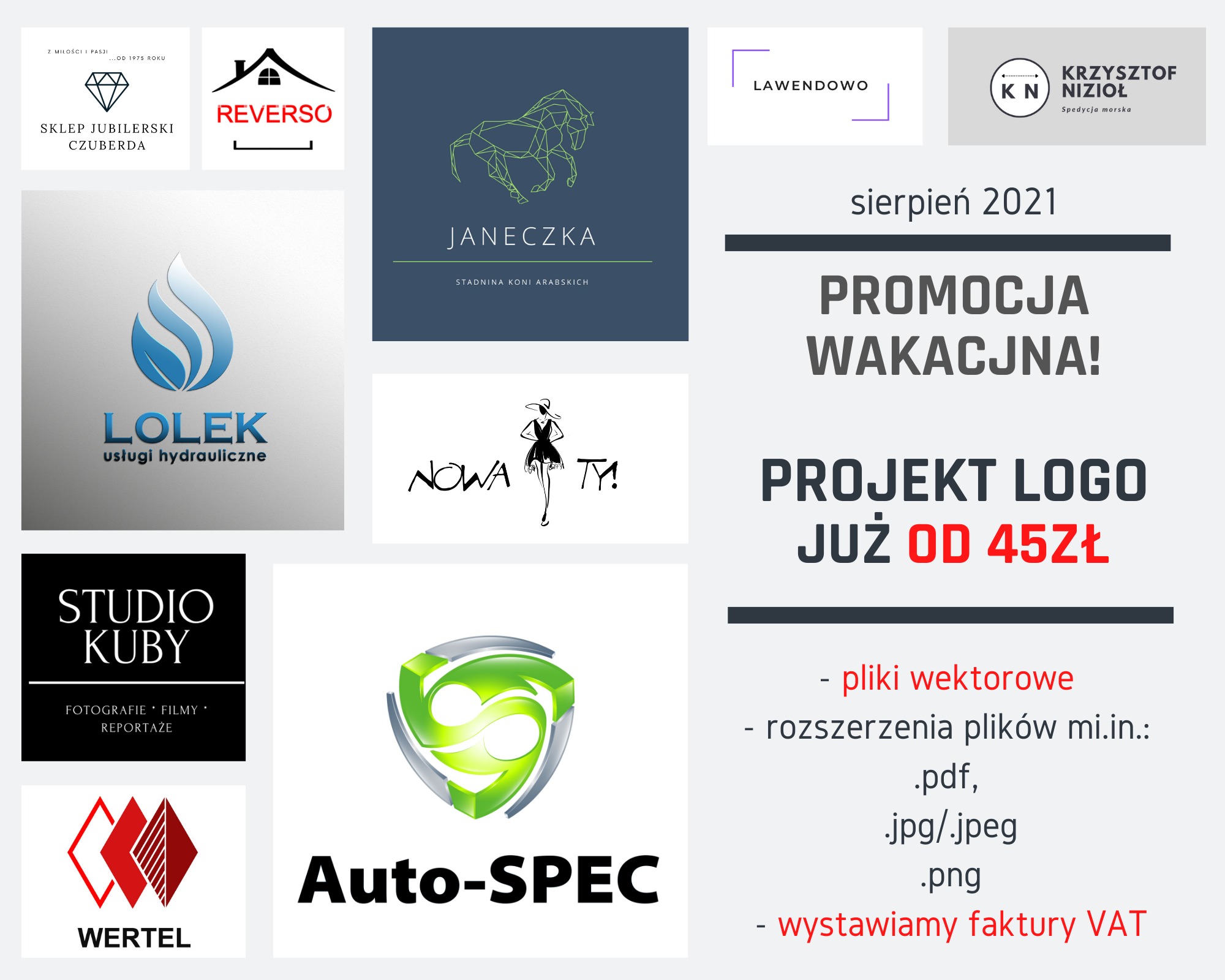 Kompilacja różnorodnych projektów logo, od minimalistycznych znaków firm jubilerskich i hydraulicznych po abstrakcyjne symbole i typograficzne kompozycje, z ogłoszeniem promocyjnej oferty...