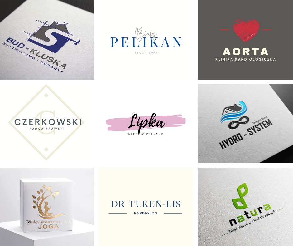 Kompilacja dziewięciu różnych projektów logo na białym tle, w tym logo dla firmy budowlanej, wedding plannera, radcy prawnego, kardiologa, kliniki kardiologicznej, firmy z branży...
