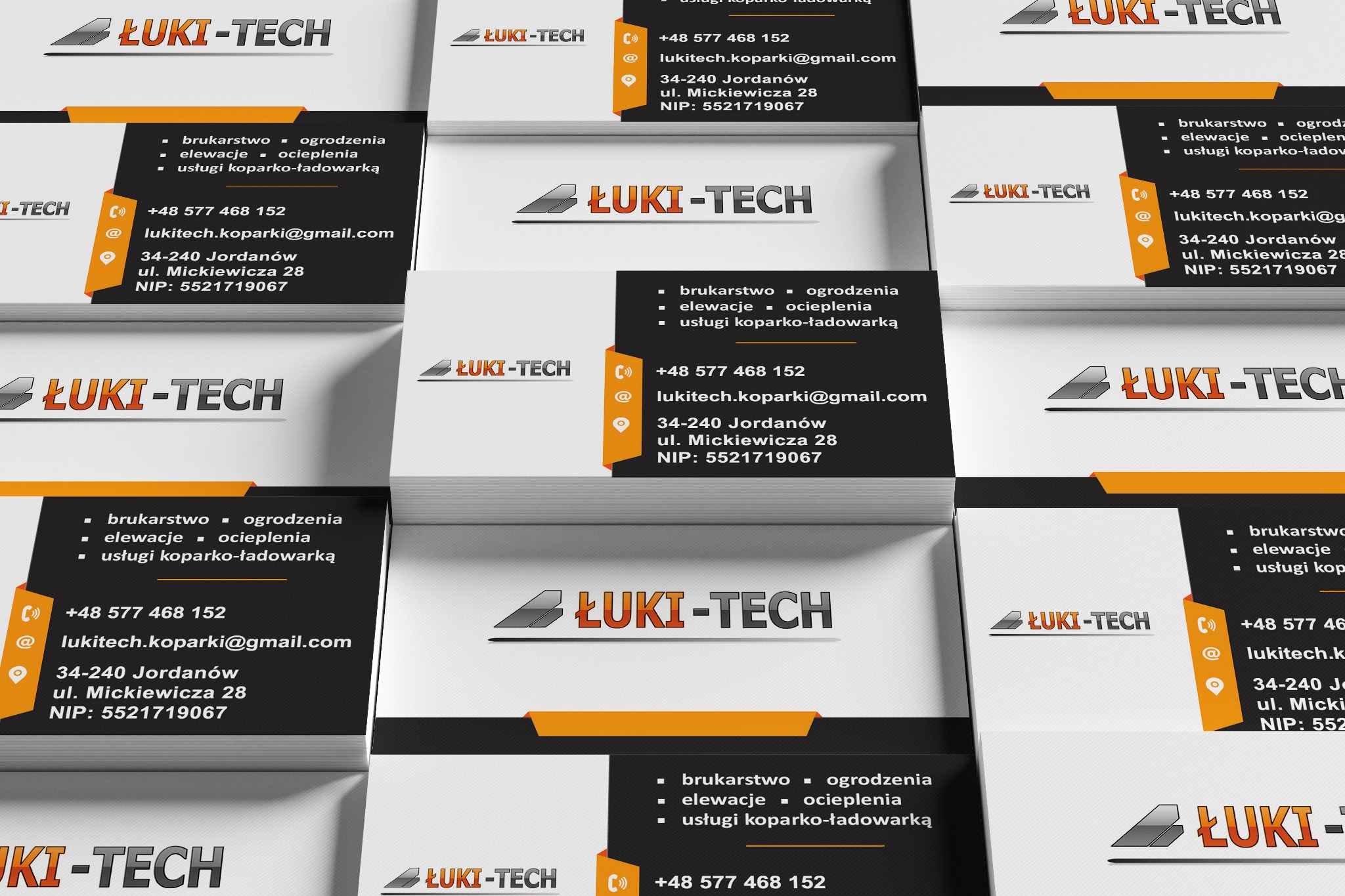 Układ wielu identycznych wizytówek firmy z Jordanowa o nazwie ŁUKI-TECH, oferującej usługi brukarskie, ogrodzenia, elewacje, ocieplenia i usługi koparko-ładowarką.
