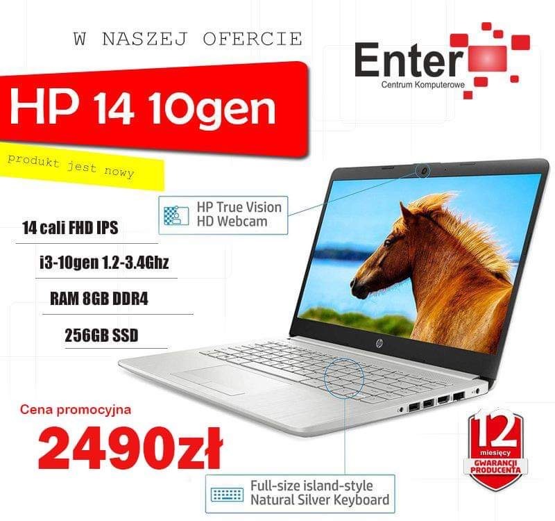 Promocyjna oferta nowego laptopa HP 14 10gen z ekranem 14 cali FHD IPS, procesorem i3-10gen, 8GB RAM DDR4 i dyskiem 256GB SSD, prezentowanego na tle z wizerunkiem konia na ekranie, z informacją...