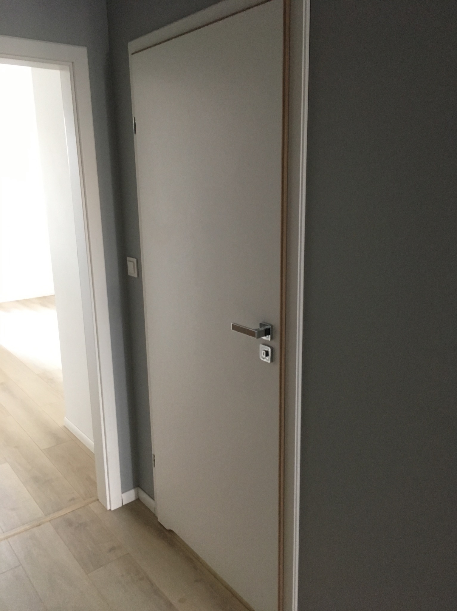Zamknięte, gładkie, szare drzwi wewnętrzne z srebrną klamką, widoczne w korytarzu z drewnianą podłogą i otwartymi drzwiami w tle.