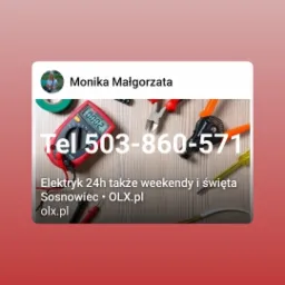 Zdjęcie z ogłoszenia elektryka: multimetr, szczypce do zdejmowania izolacji, wkrętak i przewody na drewnianym tle, z numerem telefonu i informacją o dostępności 24h, także w weekendy i święta.