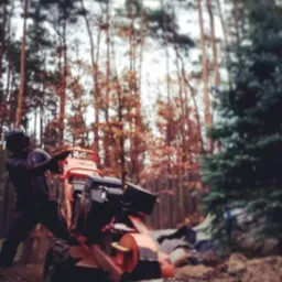 Operator obsługuje pomarańczową glebogryzarkę w lesie, przygotowując teren pod nasadzenia, widoczne drzewa iglaste i liściaste w tle.