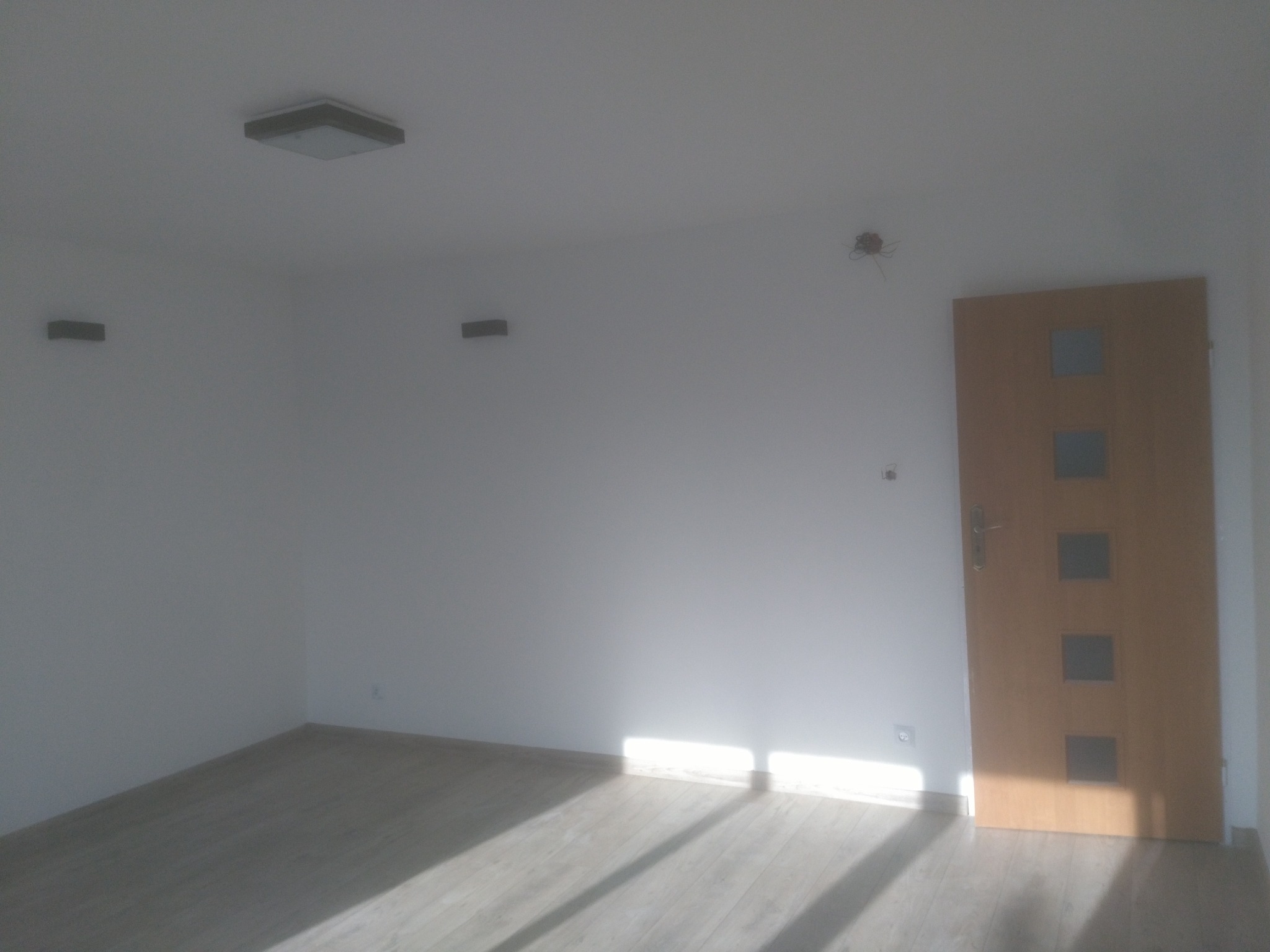 Puste wnętrze pokoju z panelami podłogowymi w odcieniach szarości, białe ściany z widocznymi punktami instalacji elektrycznej, drewniane drzwi z przeszkleniami i wpadające promienie słoneczne.