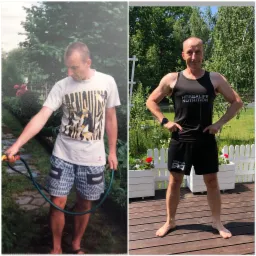 Zdjęcie typu 'przed i po' przedstawiające mężczyznę; po lewej stronie podlewa ogród w luźnym stroju, po prawej na drewnianym tarasie w sportowym stroju z logo Herbalife Nutrition, z widoczną...