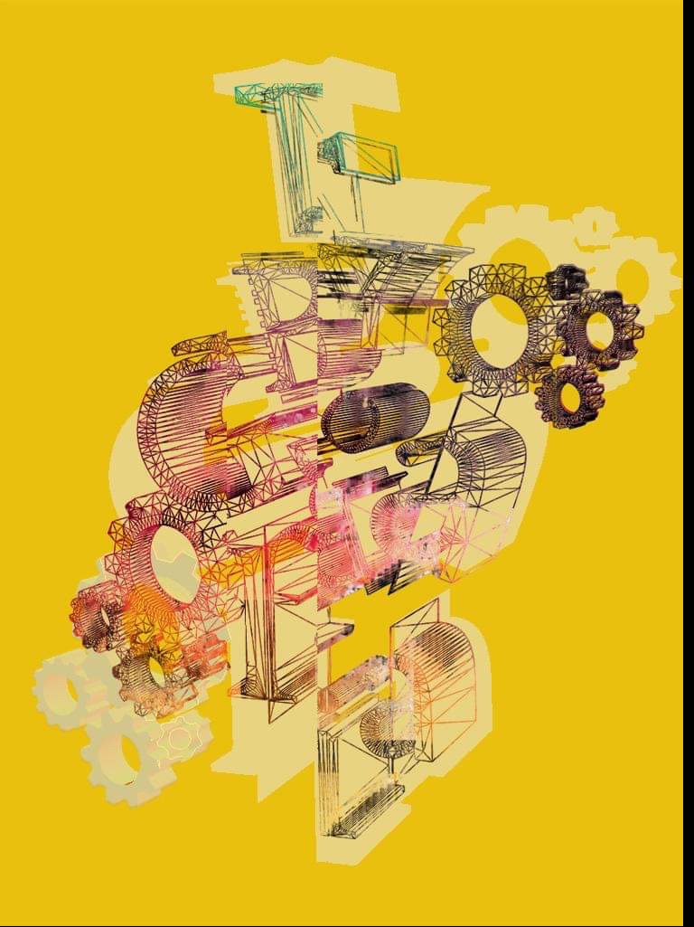 Abstrakcyjna grafika 3D przedstawiająca zbiór zębatek i struktur geometrycznych w odcieniach żółci, czerwieni i zieleni na jednolitym żółtym tle.