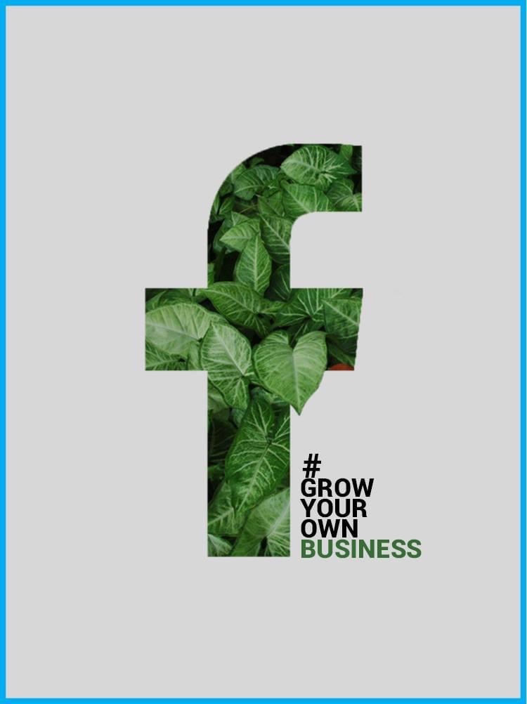 Litera F wypełniona zielonymi liśćmi rośliny, z hasłem '# GROW YOUR OWN BUSINESS' w dolnym prawym rogu, na jasnoszarym tle z niebieską ramką.