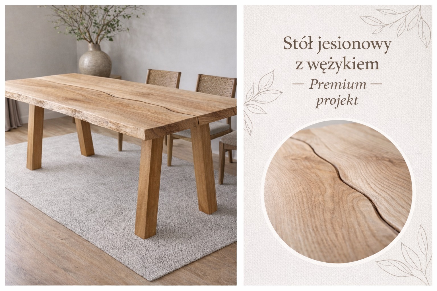 Stół jesionowy z wyraźnym usłojeniem i naturalną krawędzią, na tle jasnego dywanu i krzeseł z plecionki. Widoczny detal w postaci pęknięcia wypełnionego żywicą.
