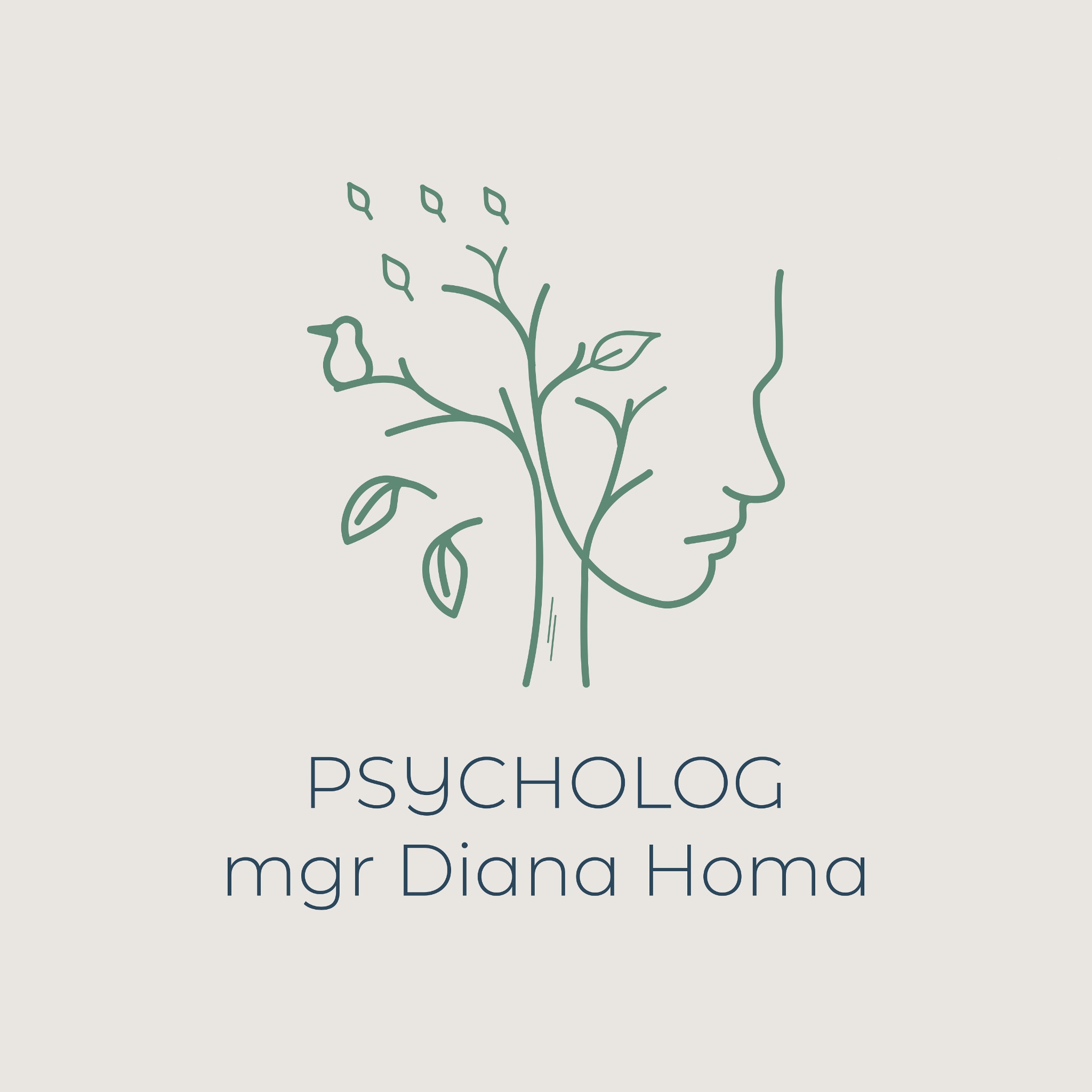 Minimalistyczne logo zarys osoby połączone z drzewem z liśćmi, nad tekstem PSYCHOLOG mgr Diana Homa