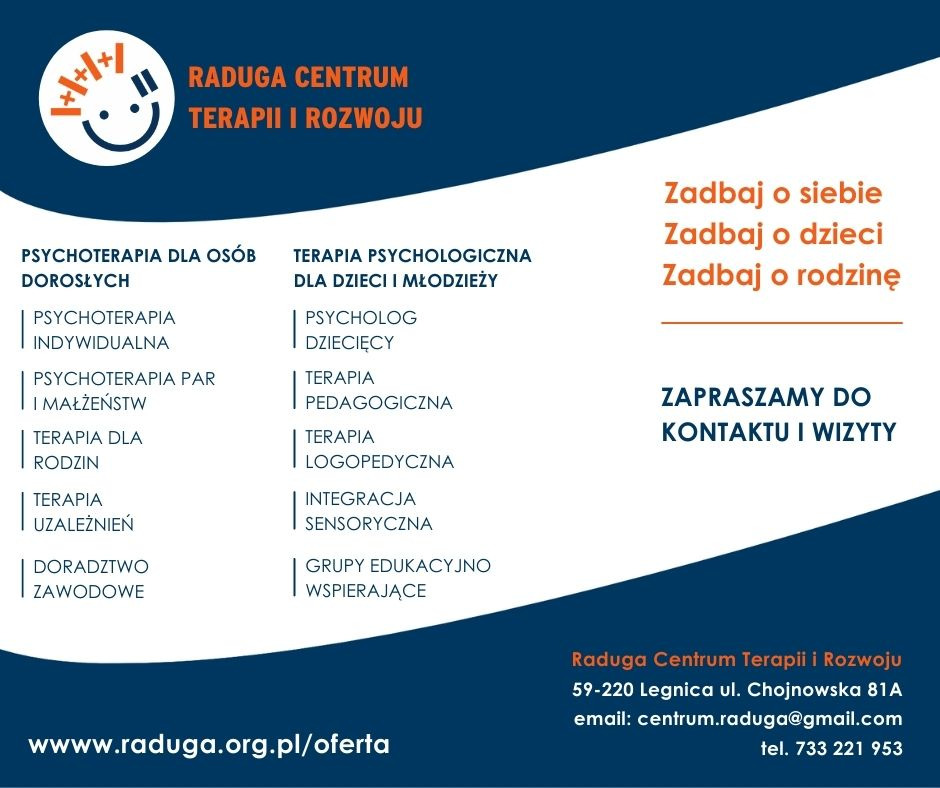 Grafika informacyjna centrum terapii i rozwoju Raduga z Legnicy, oferującego psychoterapię indywidualną, par, rodzinną, terapię uzależnień oraz psychoterapię dla dzieci i młodzieży, psychologa...