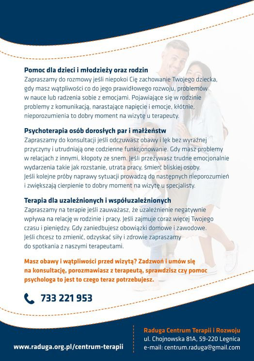 Ulotka informacyjna centrum terapii z ofertą pomocy dla dzieci, młodzieży, rodzin, par i osób z problemami uzależnień, z numerem telefonu kontaktowego i adresem strony internetowej.