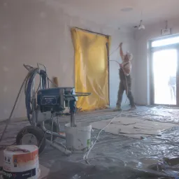 Pracownik w kombinezonie maluje sufit w pomieszczeniu za pomocą agregatu malarskiego; podłoga zabezpieczona folią malarską i kartonem, ściany przygotowane do malowania, okno z widocznym światłem...