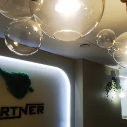 Nowoczesne oświetlenie biurowe z kulistymi lampami i dekoracyjnym panelem ściennym z mchu chrobotka w kształcie liścia nad napisem 'PARTNER'.