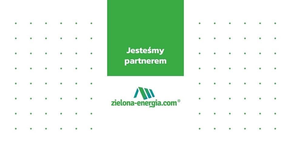 Grafika z napisem 'Jesteśmy partnerem' w zielonym kwadracie oraz logo 'zielona-energia.com' na białym tle z delikatnym wzorem z zielonych kropek.