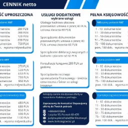 Cennik usług biura rachunkowego, w tym księgowości uproszczonej, pełnej księgowości i usług kadrowo-płacowych, z wyszczególnionymi cenami za obsługę różnej liczby dokumentów i danych kontaktowych...
