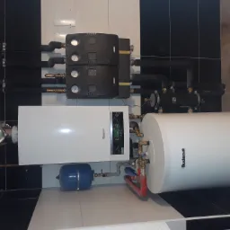 Instalacja grzewcza w kotłowni: biały piec gazowy Buderus, biały zasobnik ciepłej wody, niebieskie naczynie przeponowe, czarne rury z izolacją i manometry na tle czarno-białych płytek.