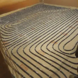 Niebieskie rurki ogrzewania podłogowego ułożone w pętle na szarym podłożu z pomarańczowymi oznaczeniami 'Red', zabezpieczone białymi opaskami zaciskowymi, widoczne fragmenty ściany w tle