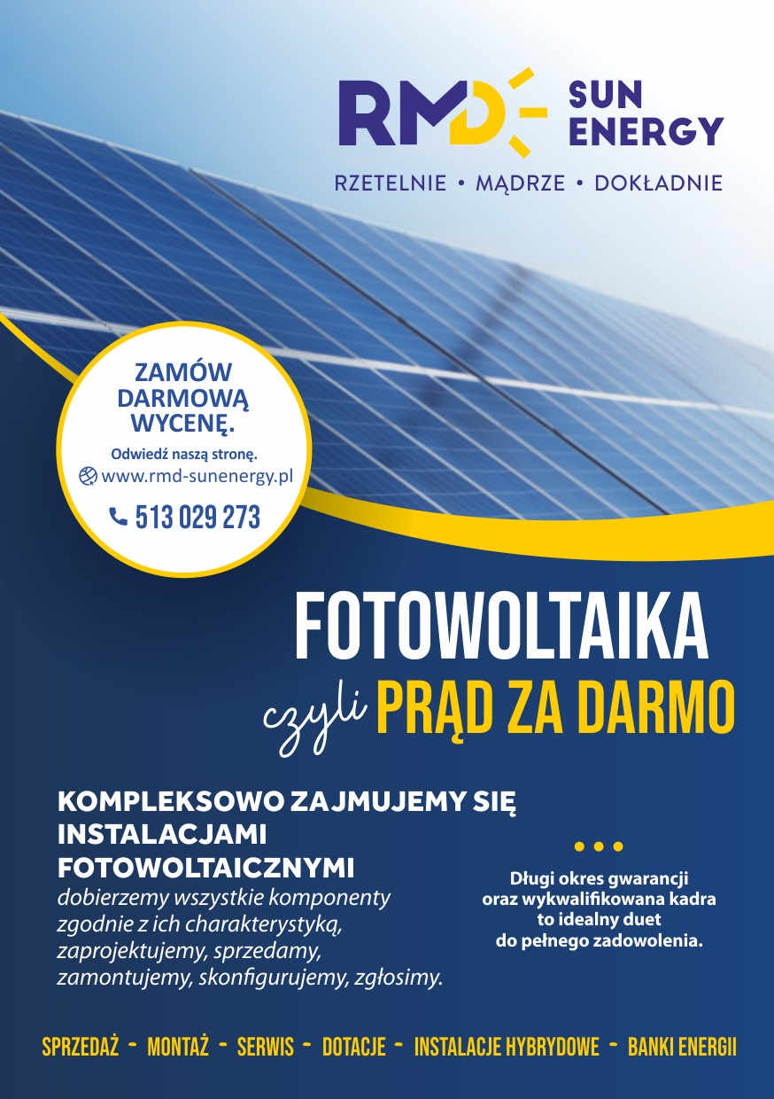 Grafika reklamowa firmy RMD Sun Energy oferującej kompleksowe instalacje fotowoltaiczne, z widocznymi panelami słonecznymi w tle i informacją o darmowej wycenie oraz numerem telefonu.