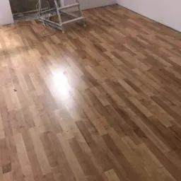 Nowa podłoga panelowa w pokoju, drabina oparta o ścianę w trakcie prac wykończeniowych, widoczny fragment ściany przed położeniem gładzi.