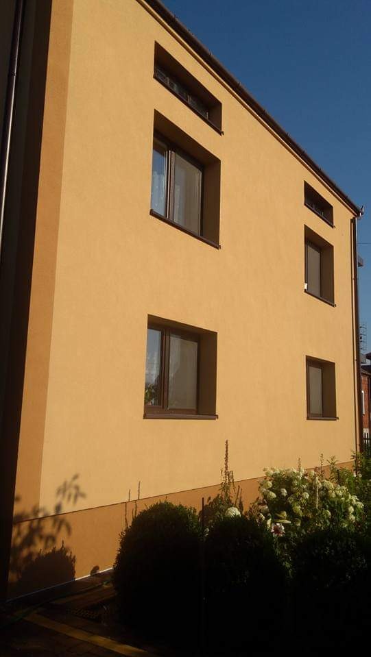 Ocieplona elewacja budynku w odcieniach beżu i brązu, z ciemnobrązowymi ramami okiennymi, widziana z perspektywy dolnego rogu, z fragmentem zieleni w dolnej części kadru.