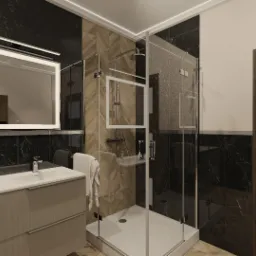 Nowoczesna łazienka z kabiną prysznicową, umywalką z szafką i podświetlanym lustrem, czarne marmurowe ściany, drewnopodobne akcenty, widok na pralkę w odbiciu lustra.